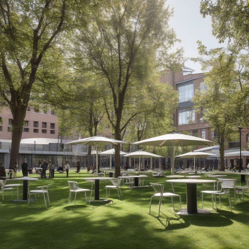 outdoor cafe on campus lawn with simple chairs and tables by मुफ्त एआई छवि जनरेटर - बिना लॉगिन के✨ | AIGAZOU