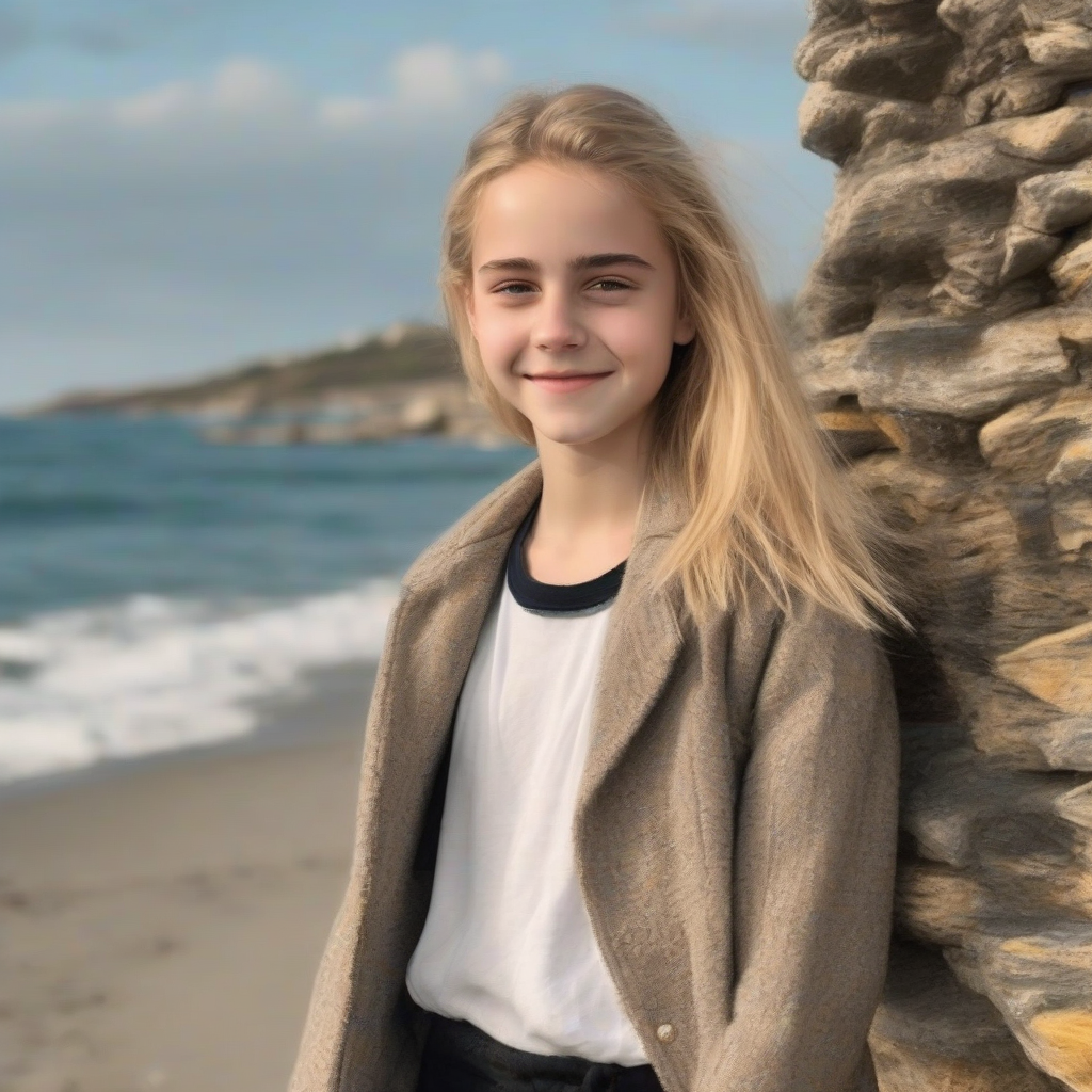 14 year old blonde girl smiling at the sea resembles emma watson by मुफ्त एआई छवि जनरेटर - बिना लॉगिन के✨ | AIGAZOU