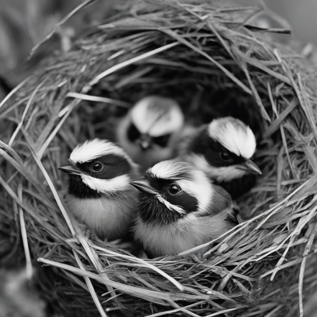 black and white photo of tit chicks in nest by 免费AI图像生成工具 | AIGAZOU