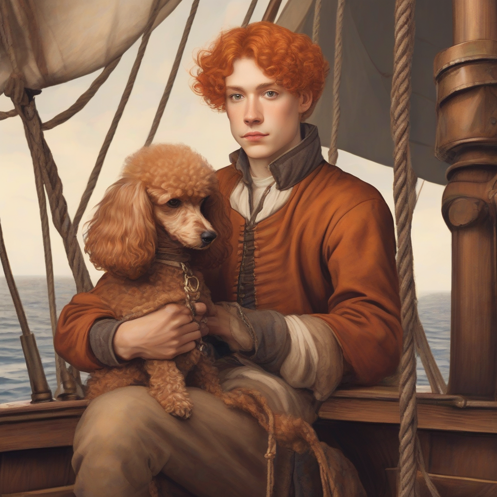 young man in rust medieval clothing with orange hair and a poodle on an old sailboat by मुफ्त एआई छवि जनरेटर - बिना लॉगिन के✨ | AIGAZOU