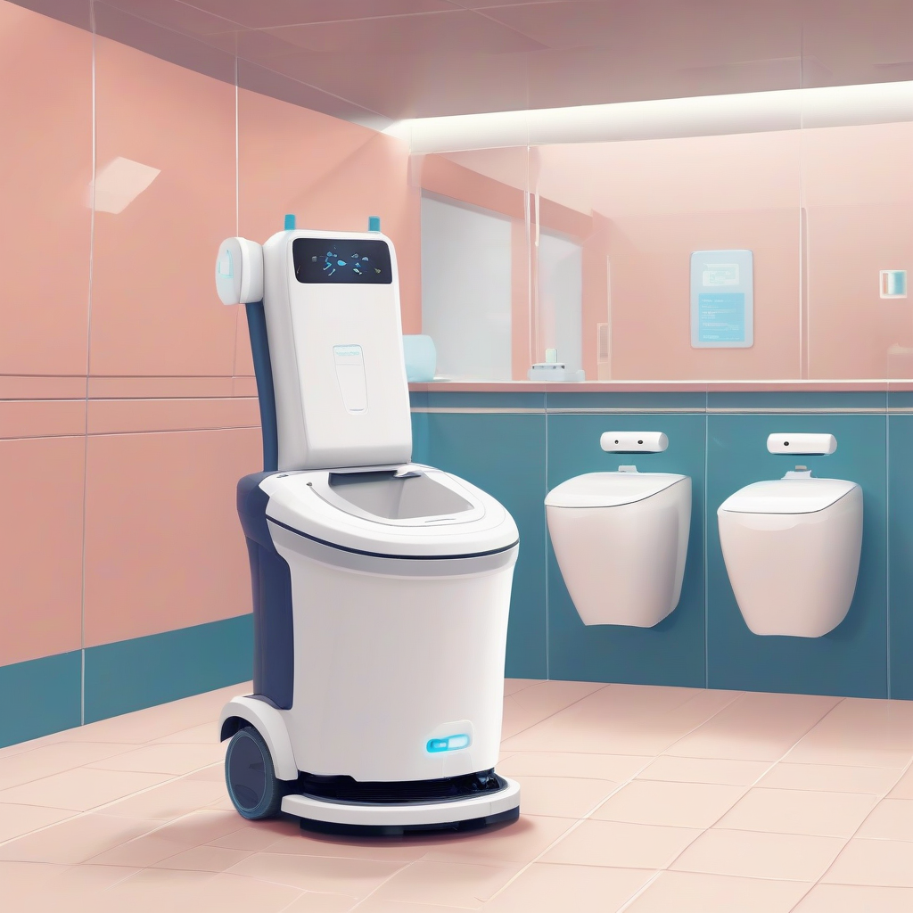 a woman enters the bathroom and sees a cleaning robot disinfecting the floor by मुफ्त एआई छवि जनरेटर - बिना लॉगिन के✨ | AIGAZOU