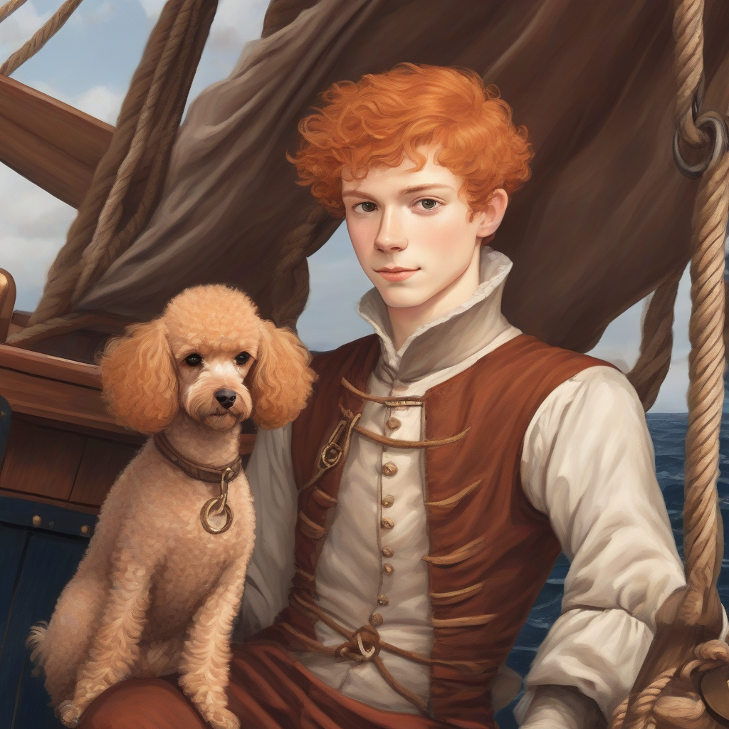 young man in medieval clothing with orange hair and poodle on old sailboat by मुफ्त एआई छवि जनरेटर - बिना लॉगिन के✨ | AIGAZOU