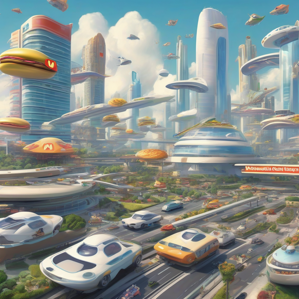 future city with maglev trains flying cars massive mcdonalds fat cat and milk dragon playing by मुफ्त एआई छवि जनरेटर - बिना लॉगिन के✨ | AIGAZOU