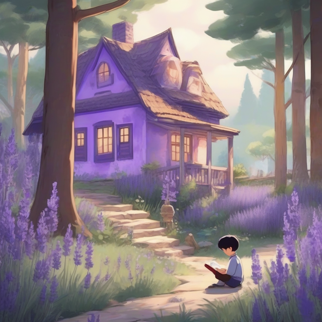 a purple house in the forest with a boy reading by Free AI Image Generator & Maker - No login required✨ | AIGAZOU