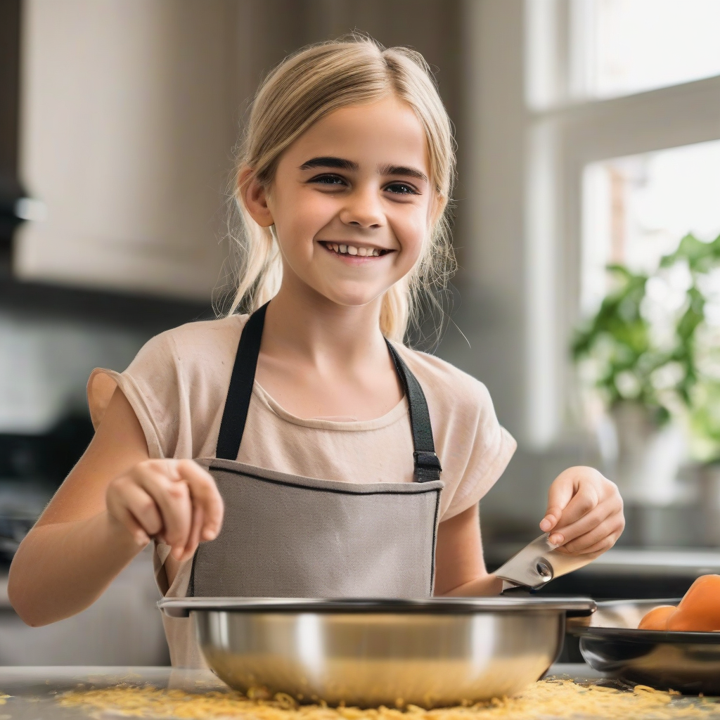 11 year old blonde smiling girl cooking resembles emma watson by मुफ्त एआई छवि जनरेटर - बिना लॉगिन के✨ | AIGAZOU