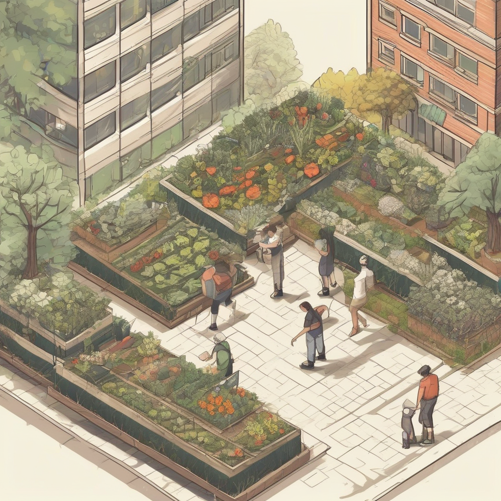 isometric drawing square base long table urban gardening three people by मुफ्त एआई छवि जनरेटर - बिना लॉगिन के✨ | AIGAZOU