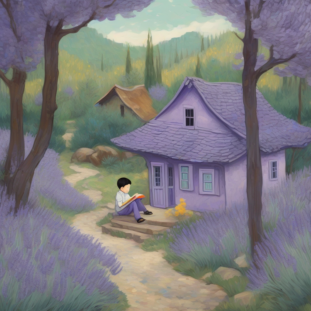 a purple house in the forest with a boy reading by मुफ्त एआई छवि जनरेटर - बिना लॉगिन के✨ | AIGAZOU