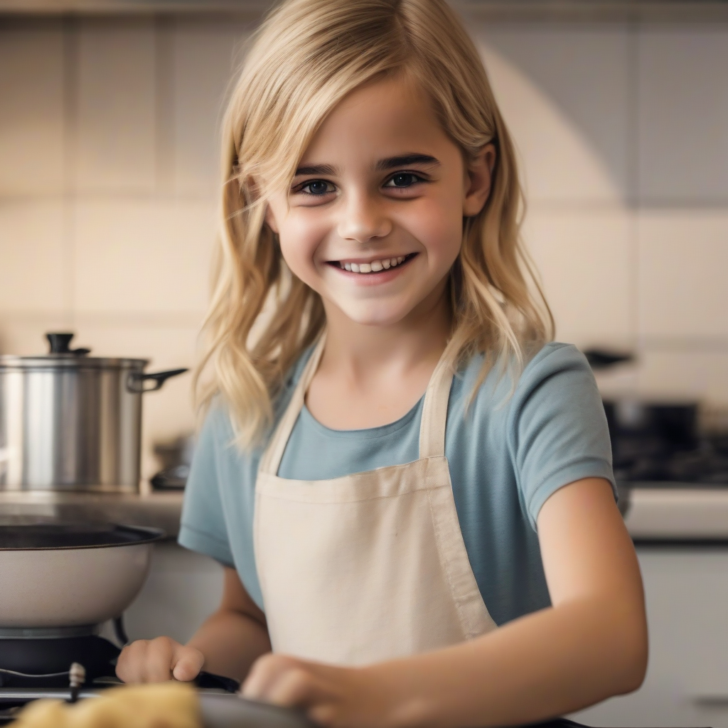 8 year old blonde smiling girl cooking reminiscent of emma watson by Générateur d'images par IA gratuit - Aucune connexion nécessaire✨ | AIGAZOU