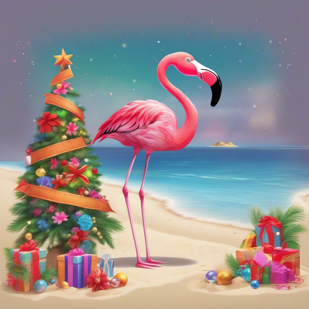 a flamingo with a red santa hat on the beach by मुफ्त एआई छवि जनरेटर - बिना लॉगिन के✨ | AIGAZOU