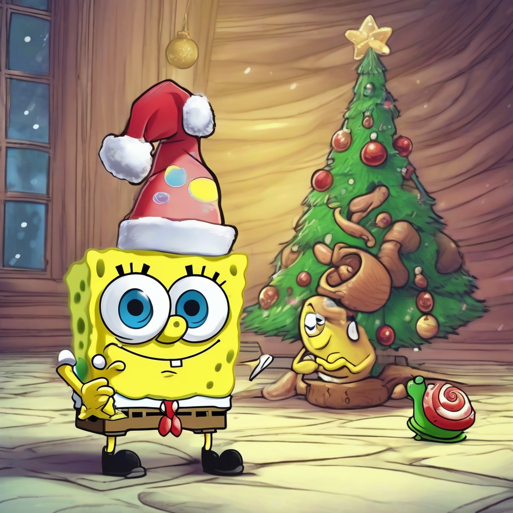 spongebob with wine hat and snail under christmas tree by मुफ्त एआई छवि जनरेटर - बिना लॉगिन के✨ | AIGAZOU