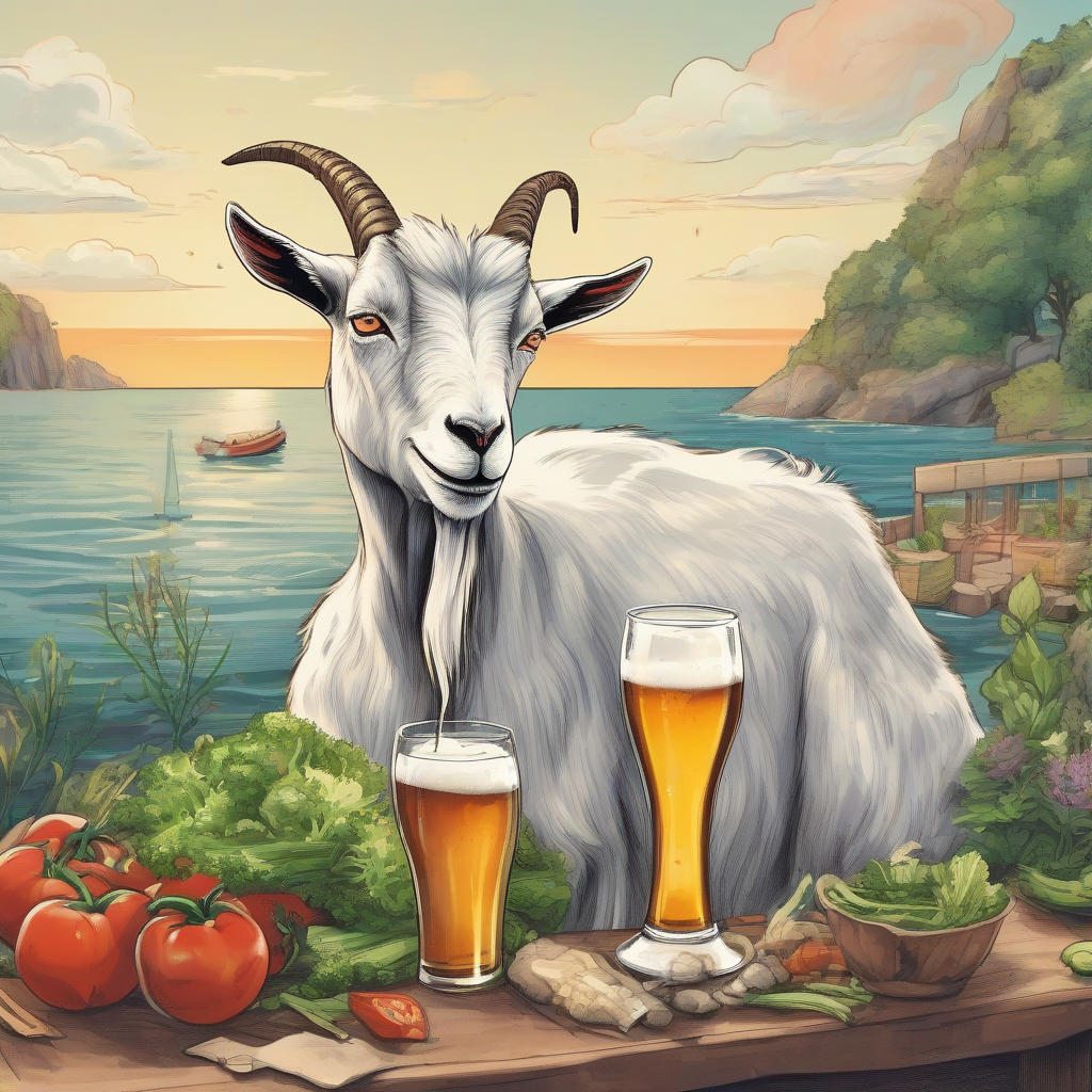 a goat drinking beer by the sea by मुफ्त एआई छवि जनरेटर - बिना लॉगिन के✨ | AIGAZOU