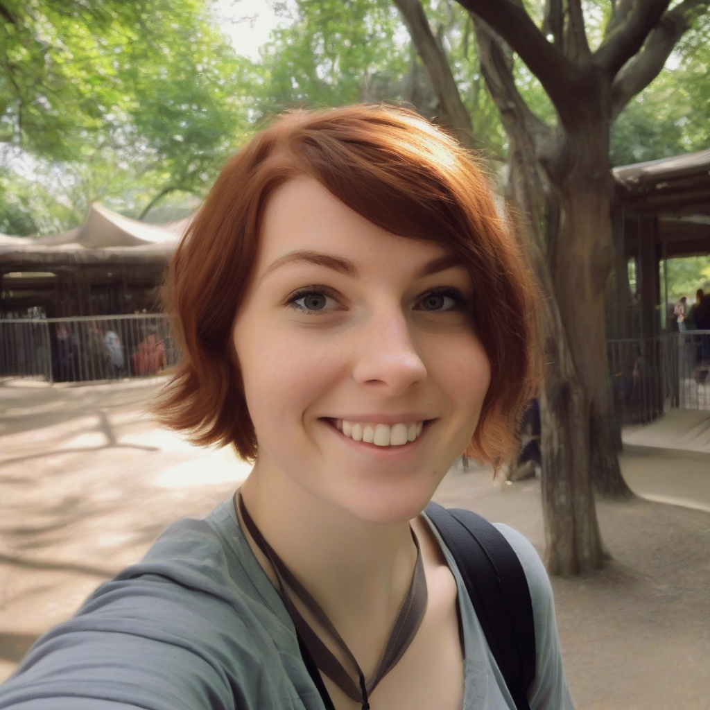 a selfie of a 25 year old woman with short brown hair in a zoo by मुफ्त एआई छवि जनरेटर - बिना लॉगिन के✨ | AIGAZOU