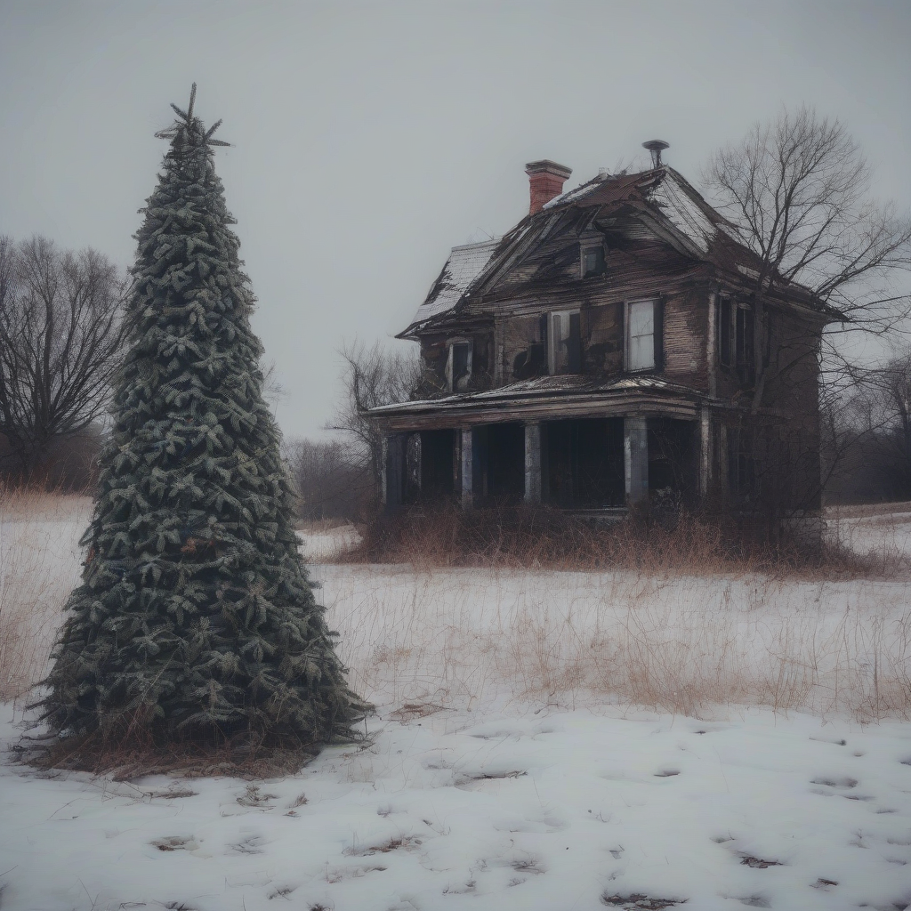 a christmas tree in front of an abandoned horror house by मुफ्त एआई छवि जनरेटर - बिना लॉगिन के✨ | AIGAZOU