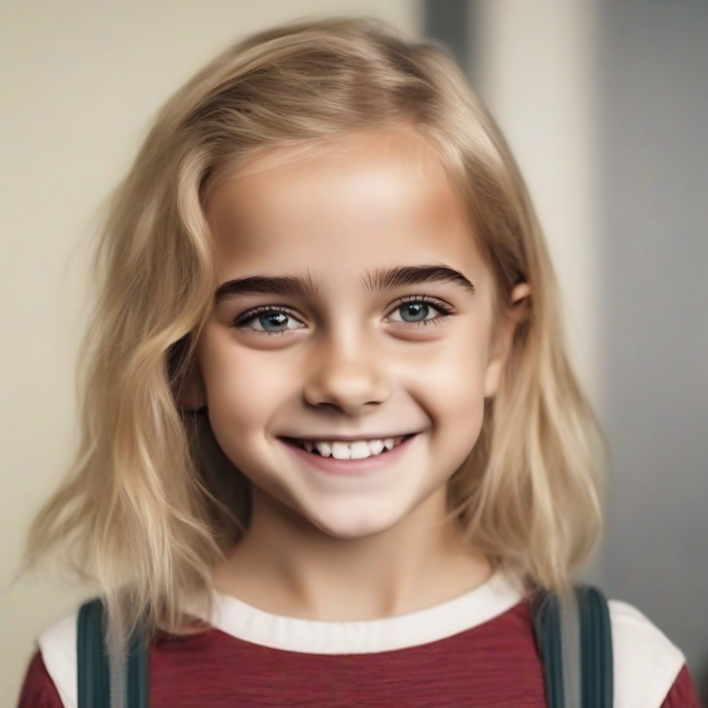 7 year old blonde smiling girl in school reminiscent of emma watson by मुफ्त एआई छवि जनरेटर - बिना लॉगिन के✨ | AIGAZOU