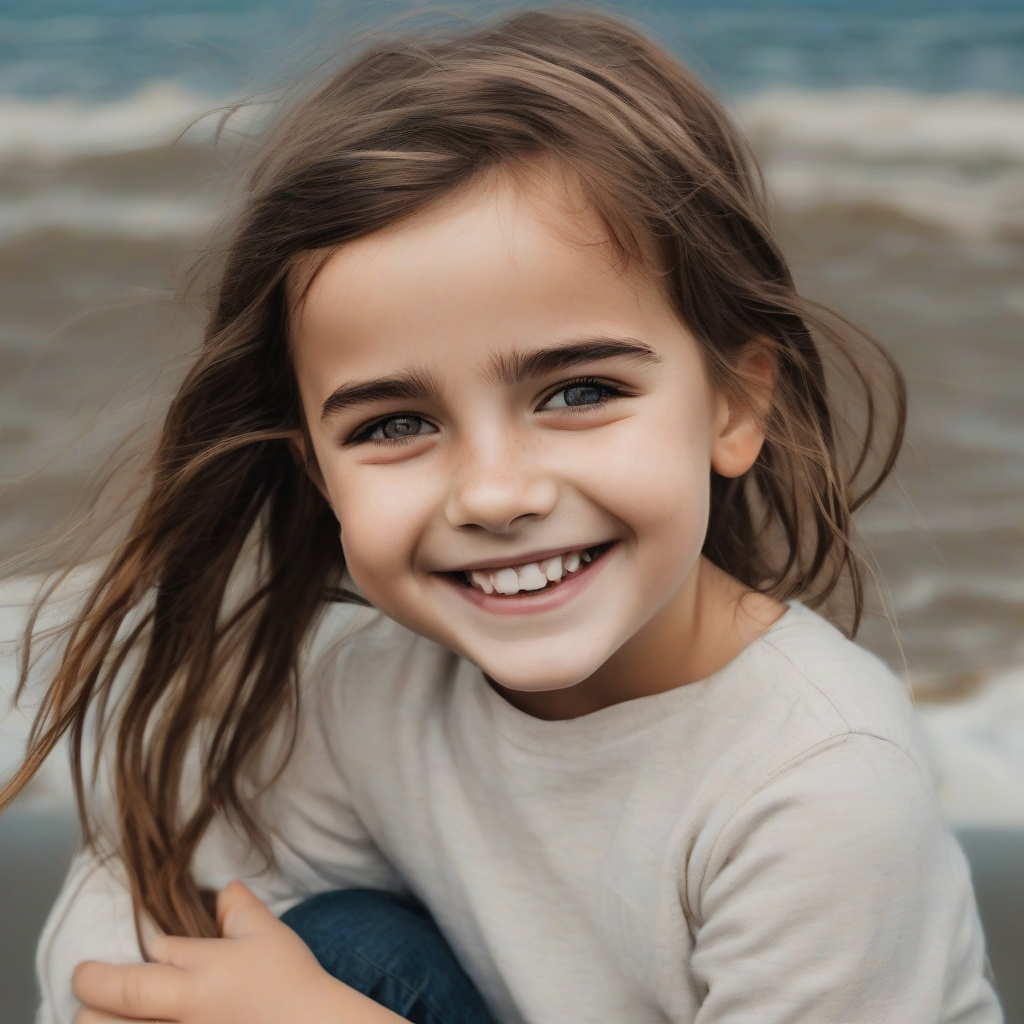 a six year old girl with brown hair smiling by the sea reminiscent of emma watson by मुफ्त एआई छवि जनरेटर - बिना लॉगिन के✨ | AIGAZOU