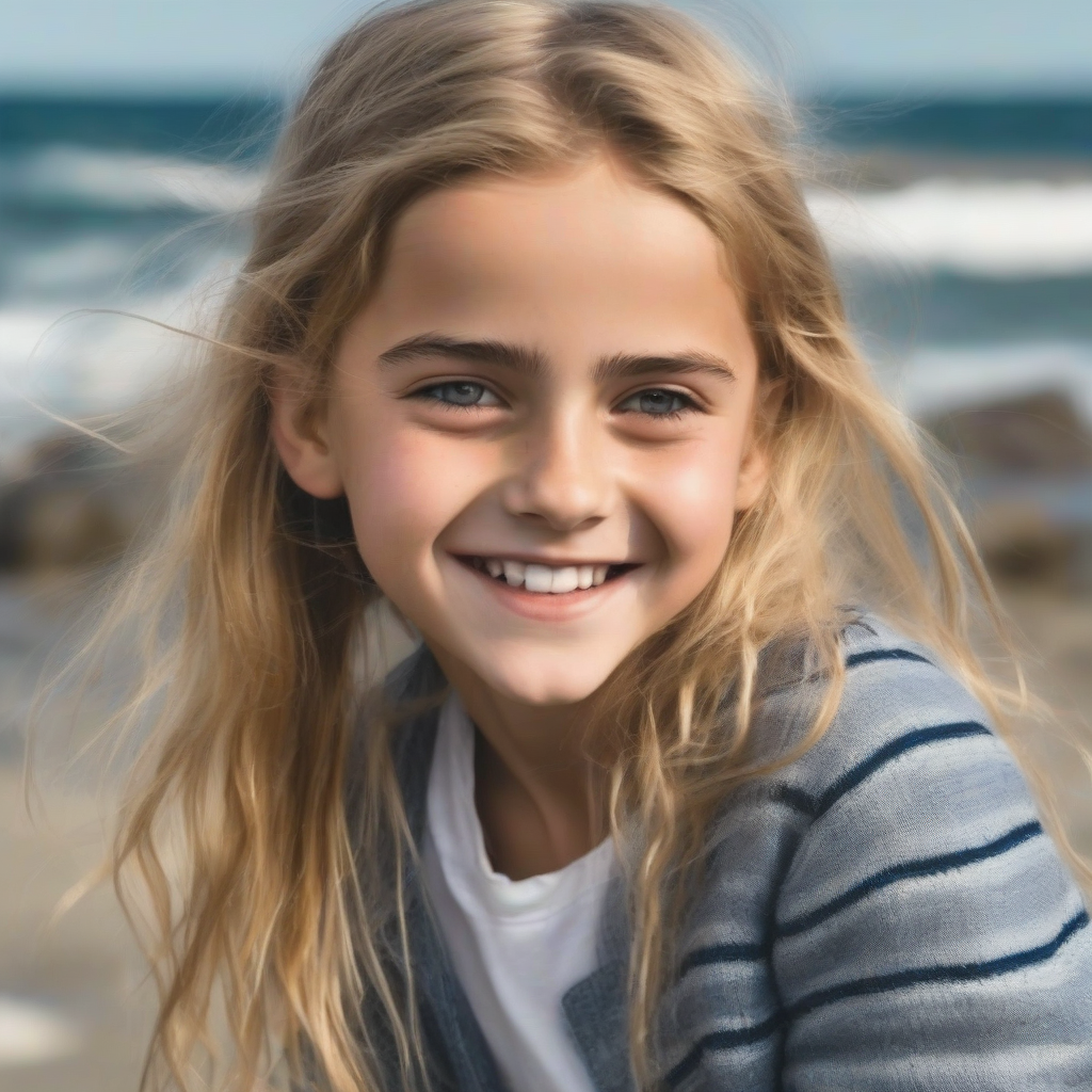 11 year old blonde smiling girl by the sea resembles emma watson by मुफ्त एआई छवि जनरेटर - बिना लॉगिन के✨ | AIGAZOU