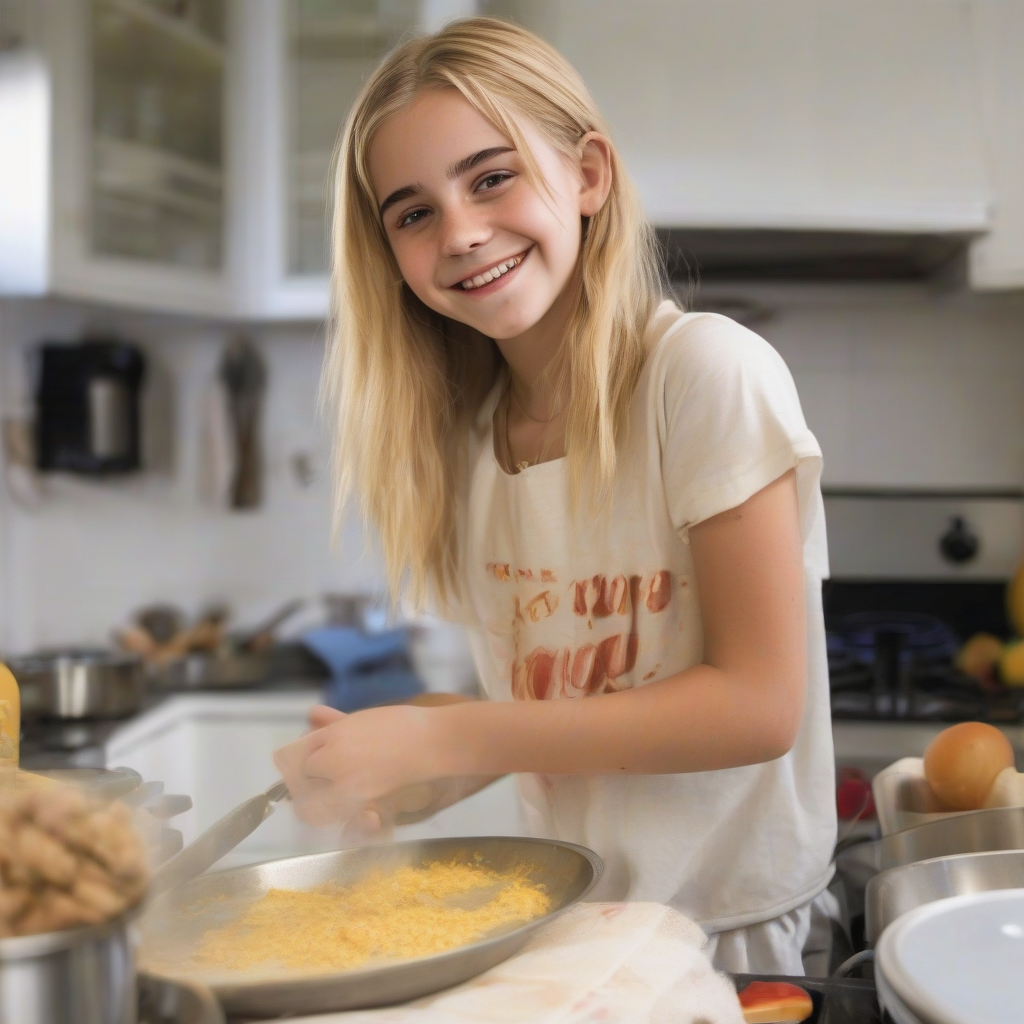 14 year old blonde smiling girl cooking resembles emma watson by मुफ्त एआई छवि जनरेटर - बिना लॉगिन के✨ | AIGAZOU