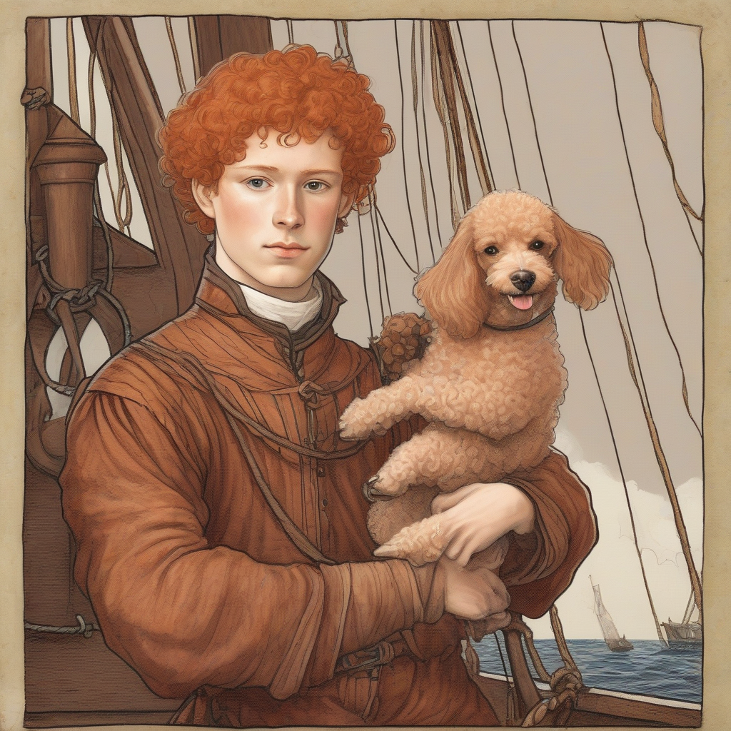 young man in rust medieval clothing orange hair poodle sailboat by मुफ्त एआई छवि जनरेटर - बिना लॉगिन के✨ | AIGAZOU