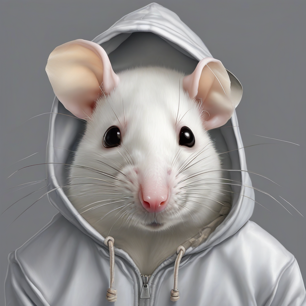 large white rat in hoodie looking at camera by मुफ्त एआई छवि जनरेटर - बिना लॉगिन के✨ | AIGAZOU