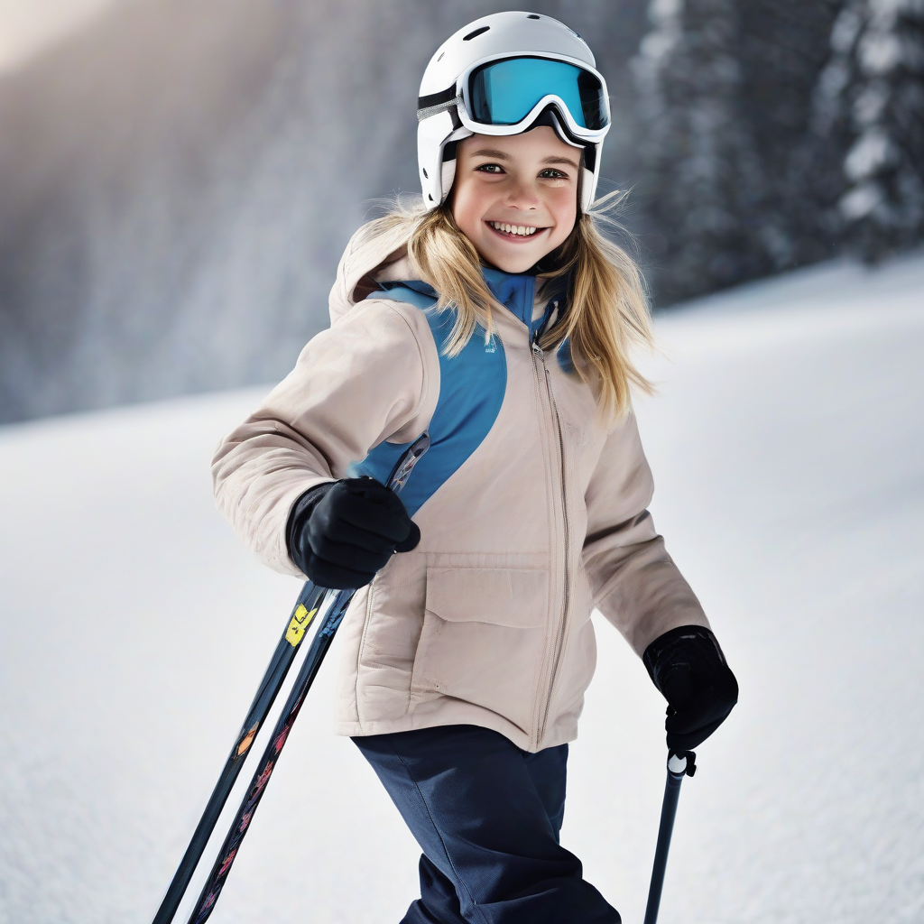 8 year old blonde smiling skiing resembles emma watson by मुफ्त एआई छवि जनरेटर - बिना लॉगिन के✨ | AIGAZOU