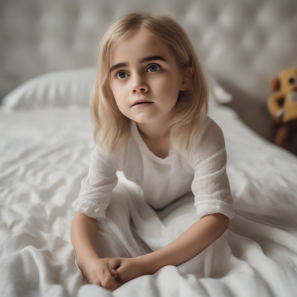 4 year old blonde girl resembles emma watson playing on bed by मुफ्त एआई छवि जनरेटर - बिना लॉगिन के✨ | AIGAZOU