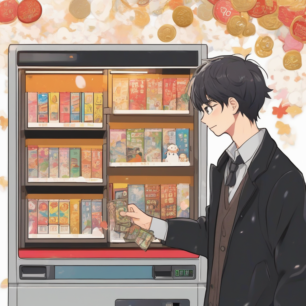 a cheerful college student in a black long coat puts 100 yen into a cute vending machine by मुफ्त एआई छवि जनरेटर - बिना लॉगिन के✨ | AIGAZOU