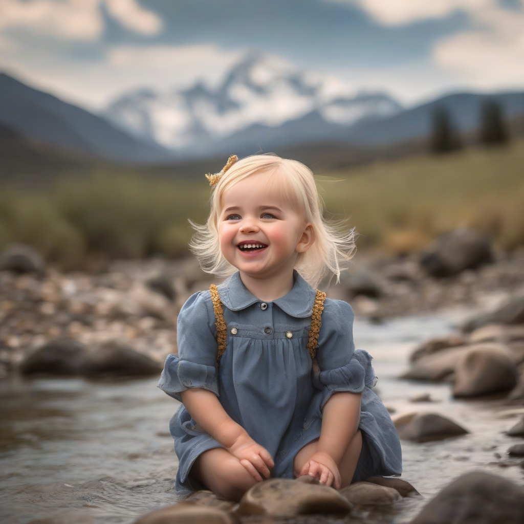 1 year old blonde smiling girl by stream by मुफ्त एआई छवि जनरेटर - बिना लॉगिन के✨ | AIGAZOU