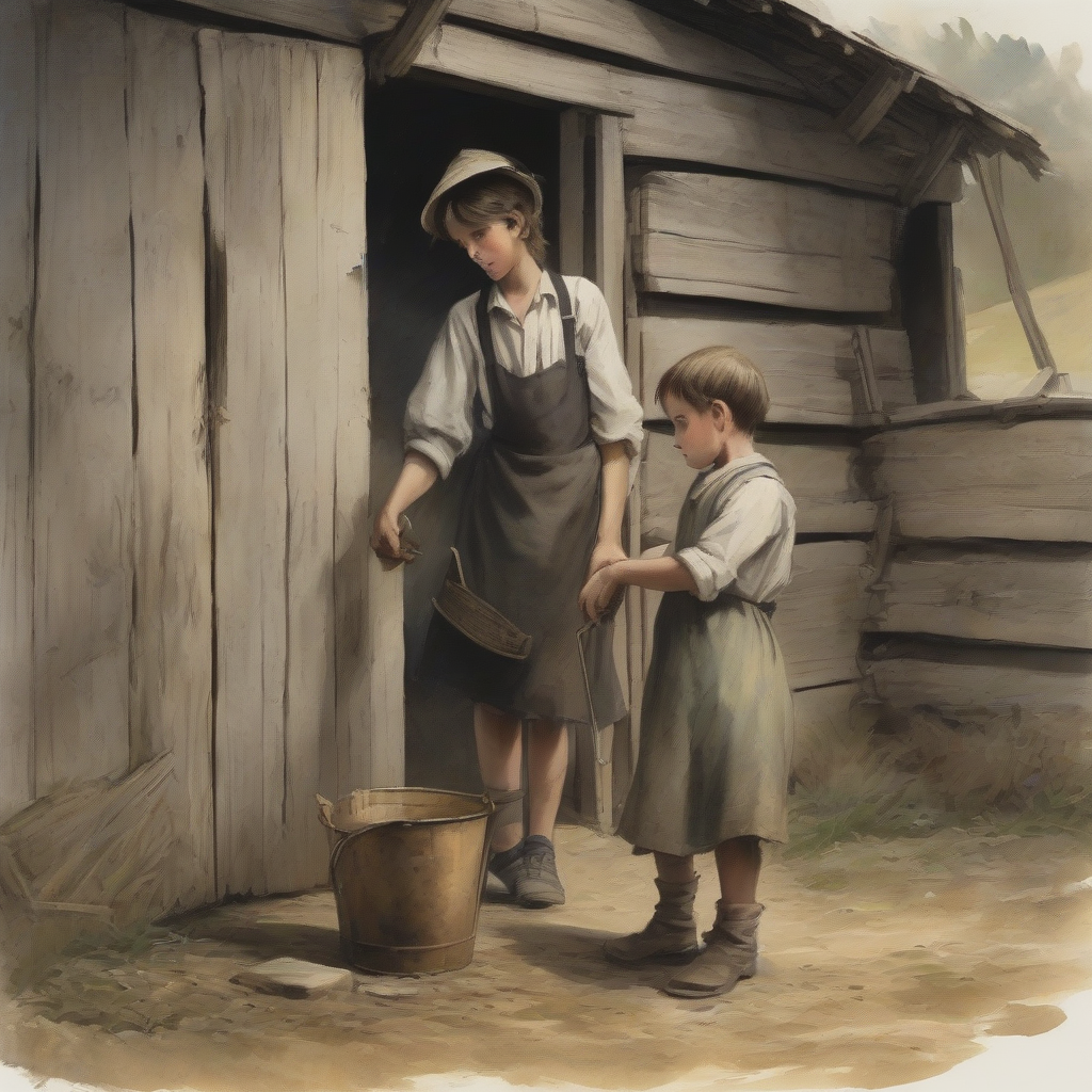 a maid and a boy talking outside a barn by मुफ्त एआई छवि जनरेटर - बिना लॉगिन के✨ | AIGAZOU