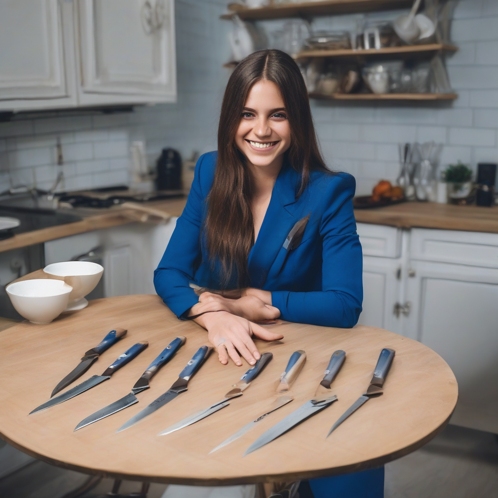 young smiling brunette in blue suit with knives by मुफ्त एआई छवि जनरेटर - बिना लॉगिन के✨ | AIGAZOU