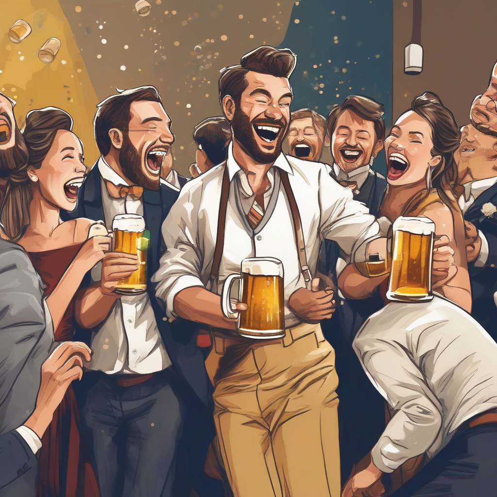 people laughing beer buffet party formal wear indoor color illustration by मुफ्त एआई छवि जनरेटर - बिना लॉगिन के✨ | AIGAZOU