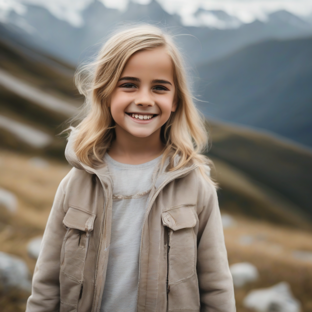 8 year old blonde smiling girl in mountains resembles emma watson by मुफ्त एआई छवि जनरेटर - बिना लॉगिन के✨ | AIGAZOU