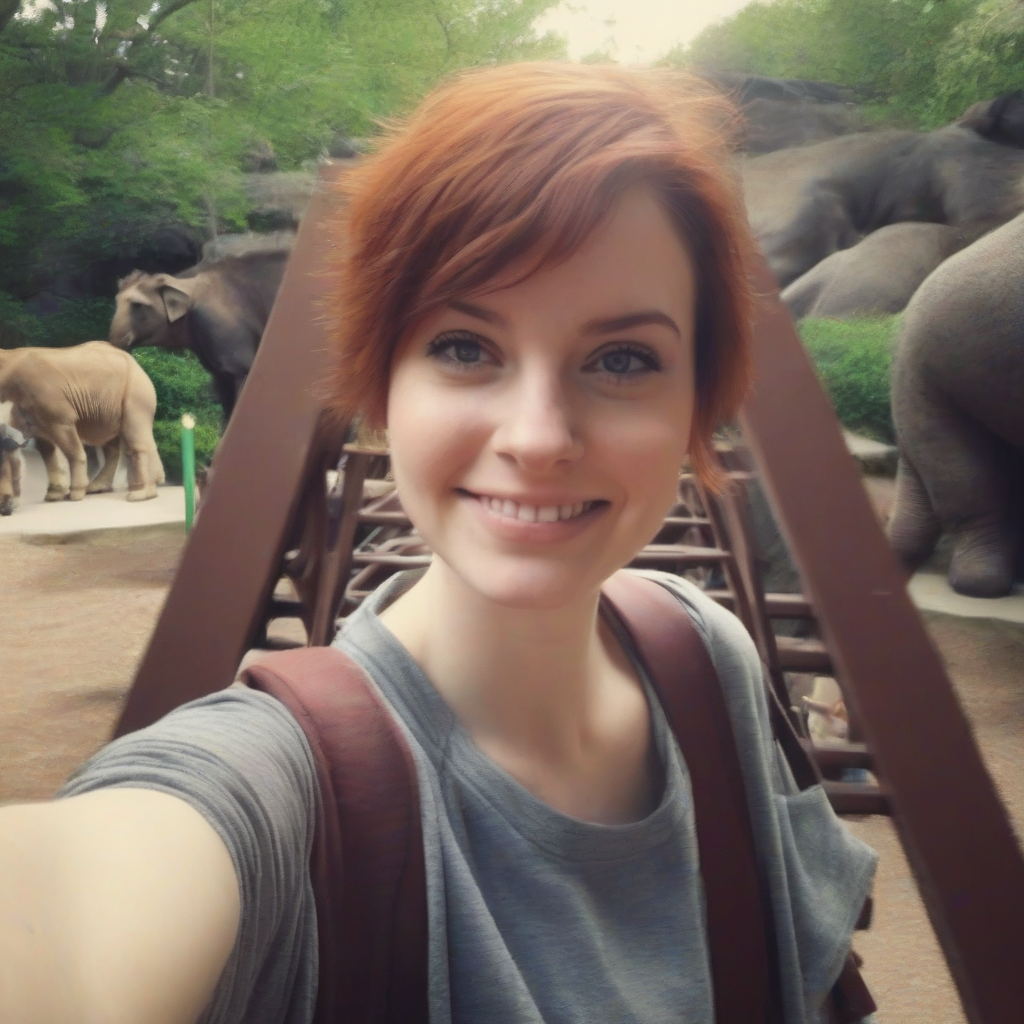 a selfie of a 25 year old woman with short brown hair in a zoo by मुफ्त एआई छवि जनरेटर - बिना लॉगिन के✨ | AIGAZOU