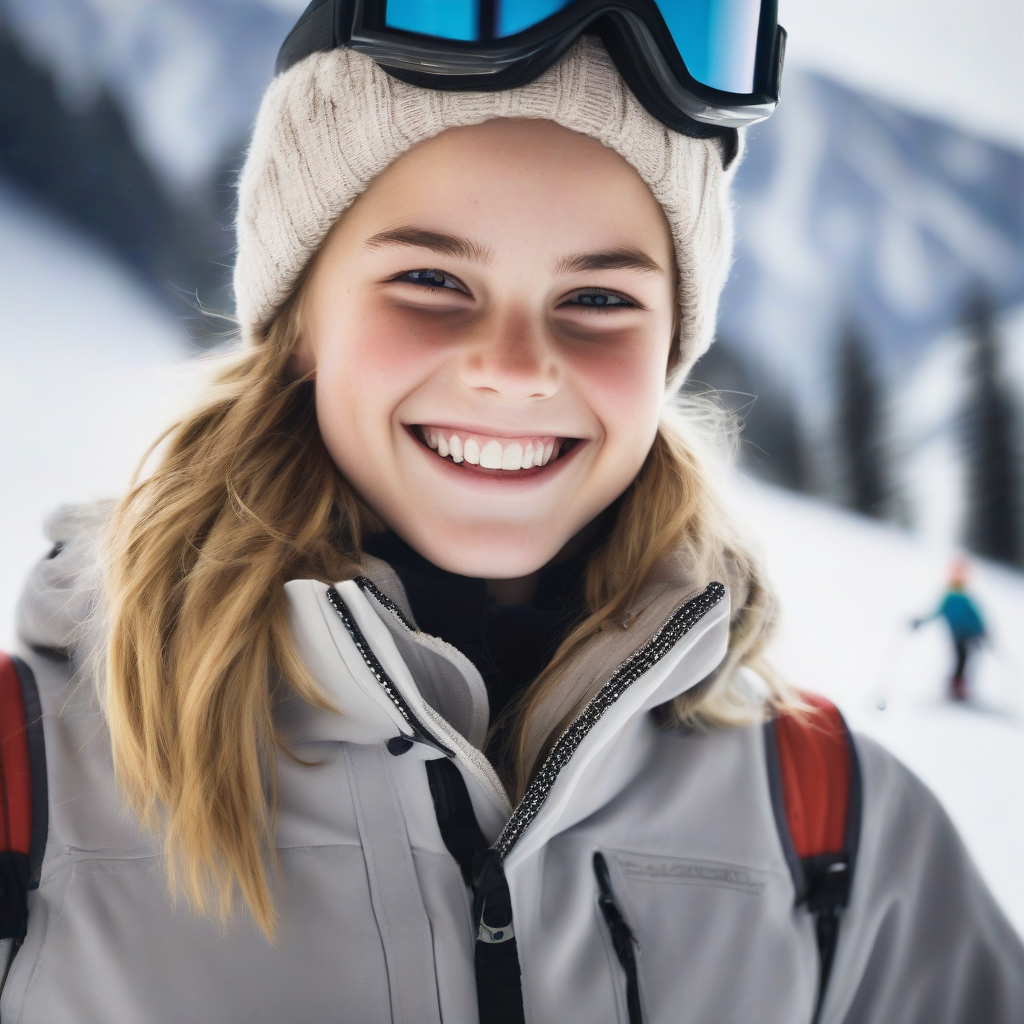 14 year old blonde smiling skiing reminiscent of emma watson by मुफ्त एआई छवि जनरेटर - बिना लॉगिन के✨ | AIGAZOU