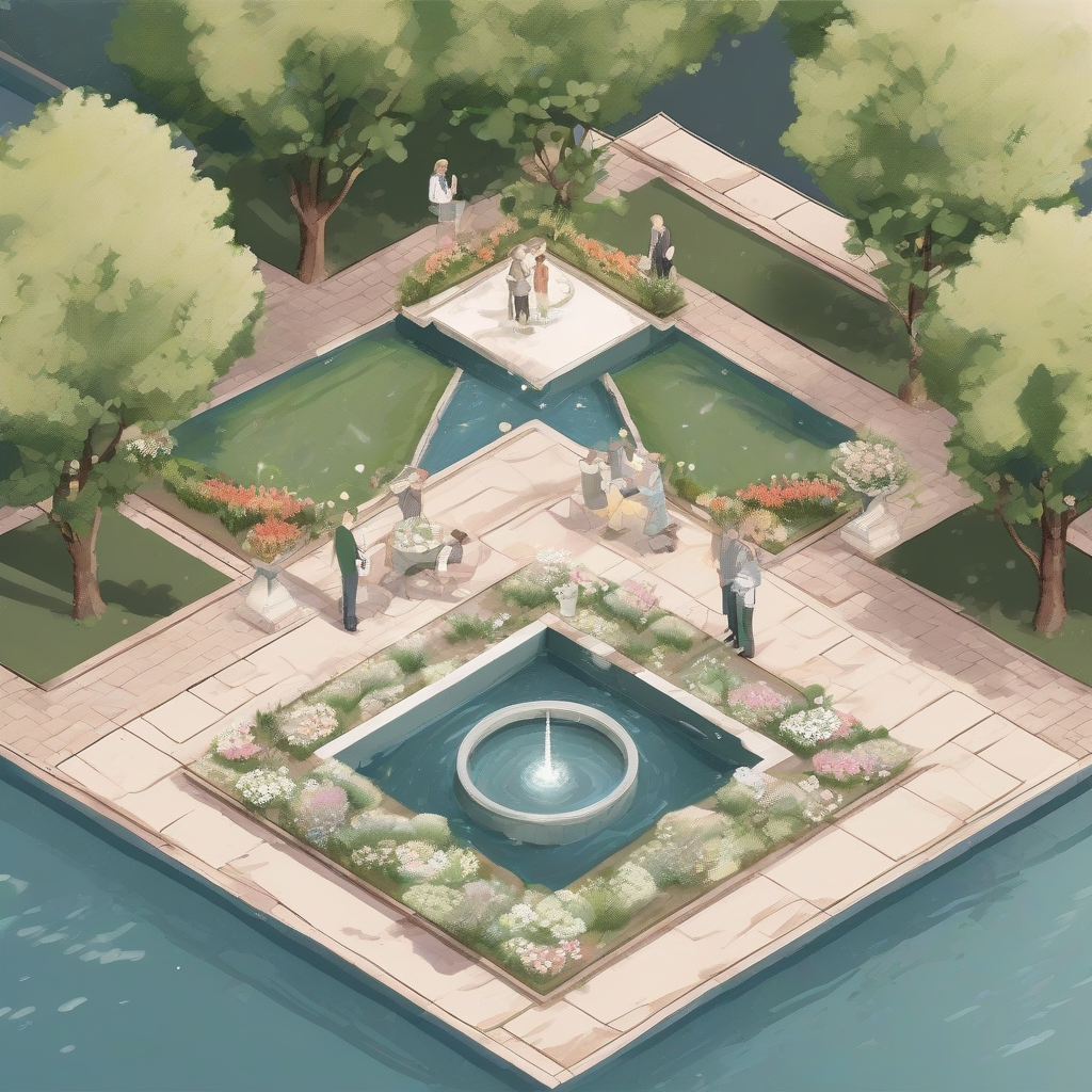 isometric outdoor event with water feature by मुफ्त एआई छवि जनरेटर - बिना लॉगिन के✨ | AIGAZOU