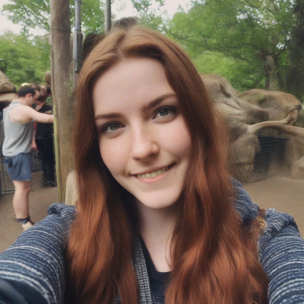 a selfie of a 25 year old woman with red brown hair in a zoo by मुफ्त एआई छवि जनरेटर - बिना लॉगिन के✨ | AIGAZOU