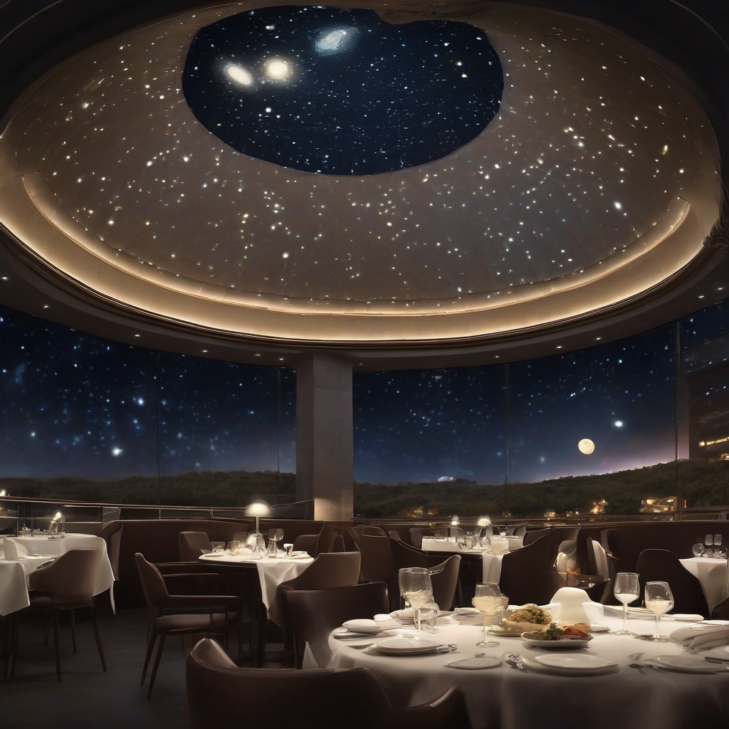 planetarium restaurant dim lighting starry dome ceiling by मुफ्त एआई छवि जनरेटर - बिना लॉगिन के✨ | AIGAZOU