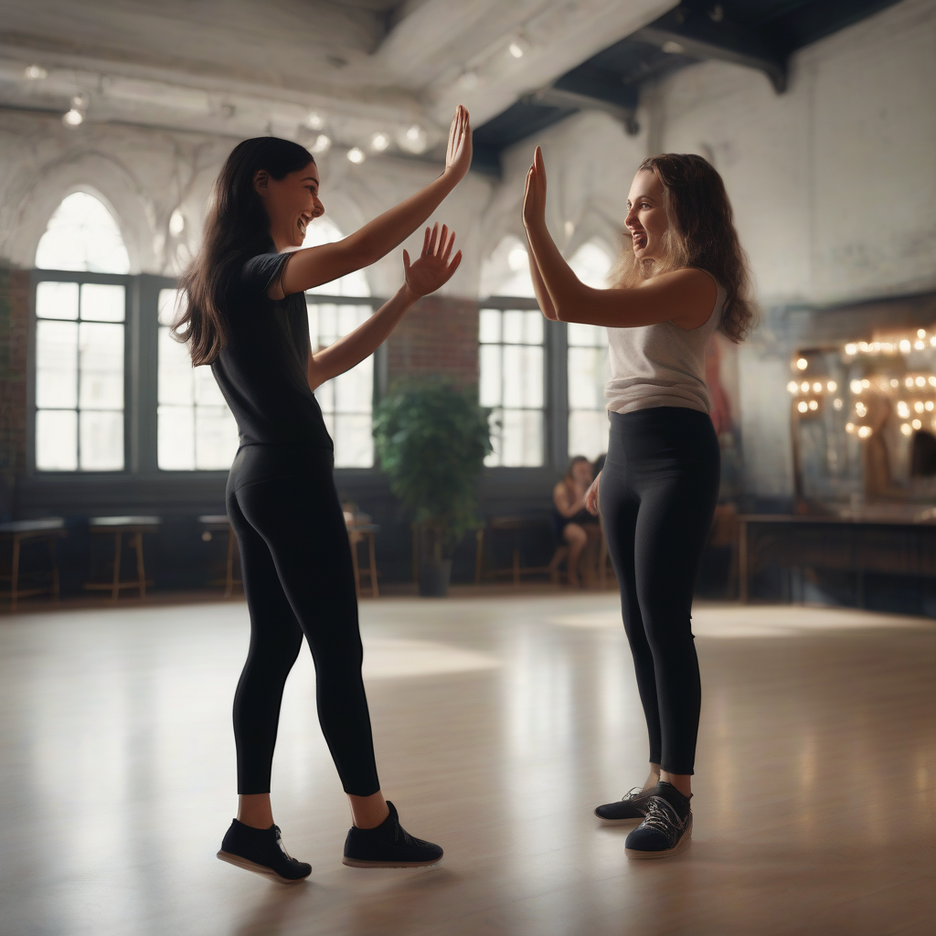 hyperrealistic photo dark haired caucasian woman high fives girl in black leggings in dance hall by Générateur d'images par IA gratuit - Aucune connexion nécessaire✨ | AIGAZOU