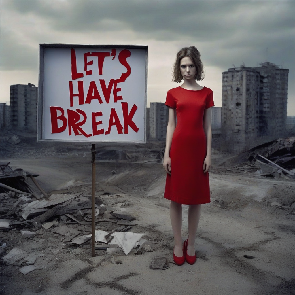 young woman in red dress with sign lets have a break by मुफ्त एआई छवि जनरेटर - बिना लॉगिन के✨ | AIGAZOU