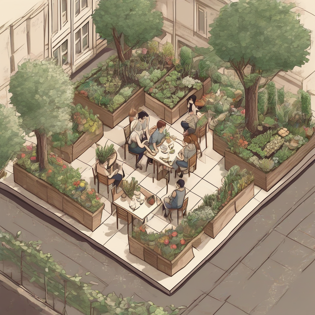 isometric drawing square base long table urban gardening three people by Générateur d'images par IA gratuit - Aucune connexion nécessaire✨ | AIGAZOU