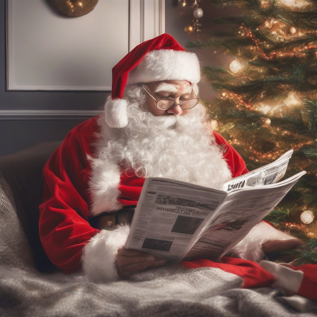 the santa claus reads a newspaper under the christmas tree by मुफ्त एआई छवि जनरेटर - बिना लॉगिन के✨ | AIGAZOU