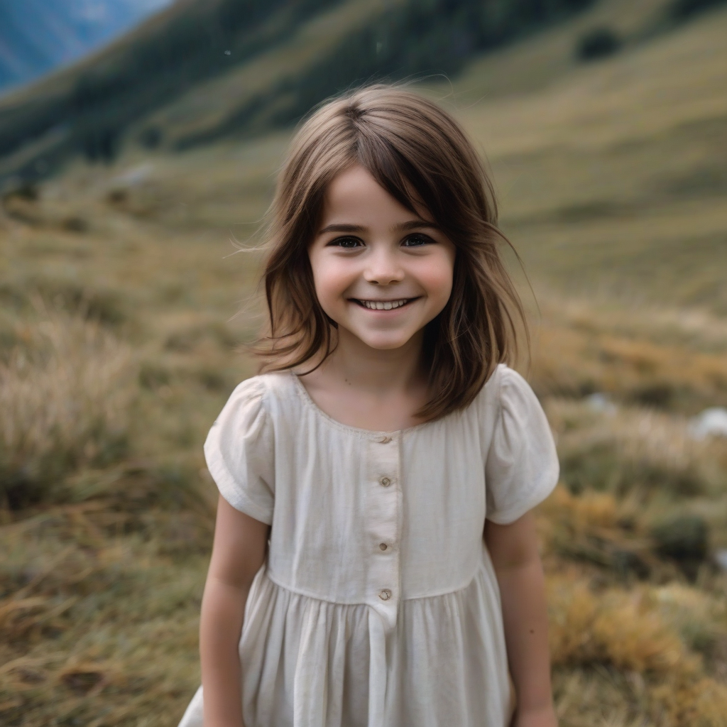 baby girl brown hair smiling in the mountains reminiscent of emma watson by Générateur d'images par IA gratuit - Aucune connexion nécessaire✨ | AIGAZOU