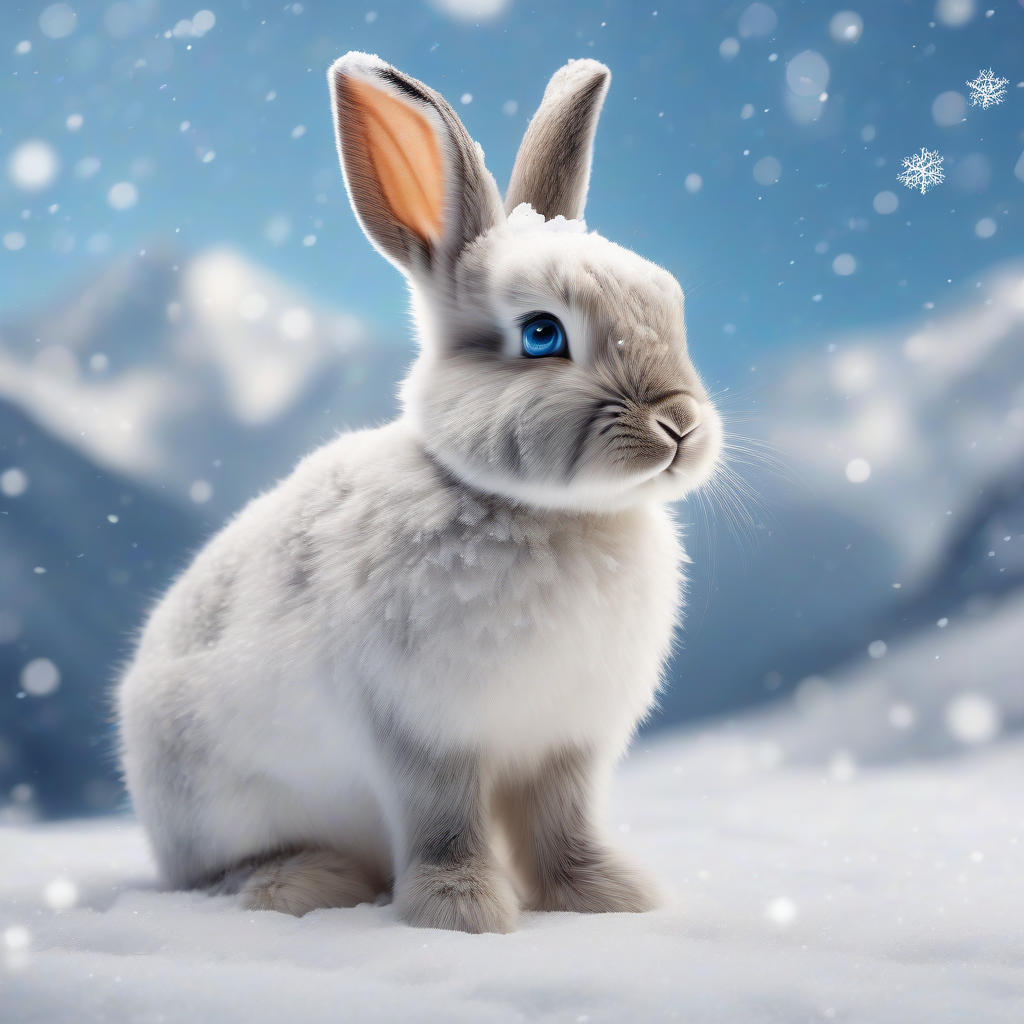 cute baby rabbit in snow sitting in snow background mountains and snowflakes rabbit has light blue eyes and light blue by मुफ्त एआई छवि जनरेटर - बिना लॉगिन के✨ | AIGAZOU