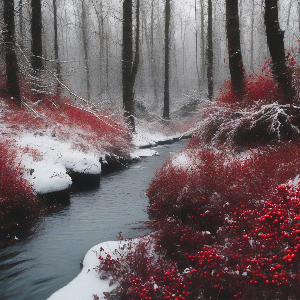 thick forest with red berries snow small river by मुफ्त एआई छवि जनरेटर - बिना लॉगिन के✨ | AIGAZOU