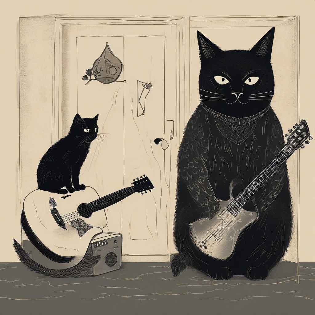 a black cat with crooked back in front of an owl with guitar by 免费AI图像生成工具 | AIGAZOU