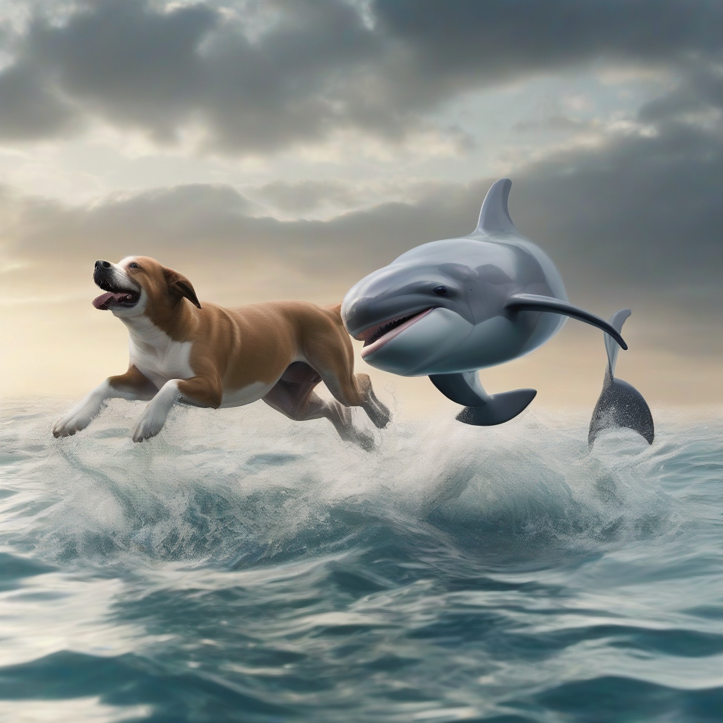 dog and dolphin playing in the sea by मुफ्त एआई छवि जनरेटर - बिना लॉगिन के✨ | AIGAZOU