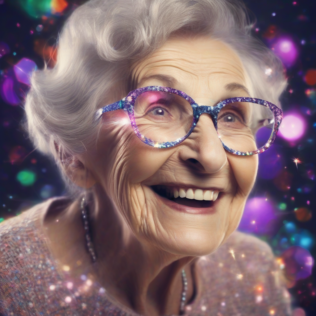 an elderly lady hallucinating with glitter glasses and a big smile by मुफ्त एआई छवि जनरेटर - बिना लॉगिन के✨ | AIGAZOU