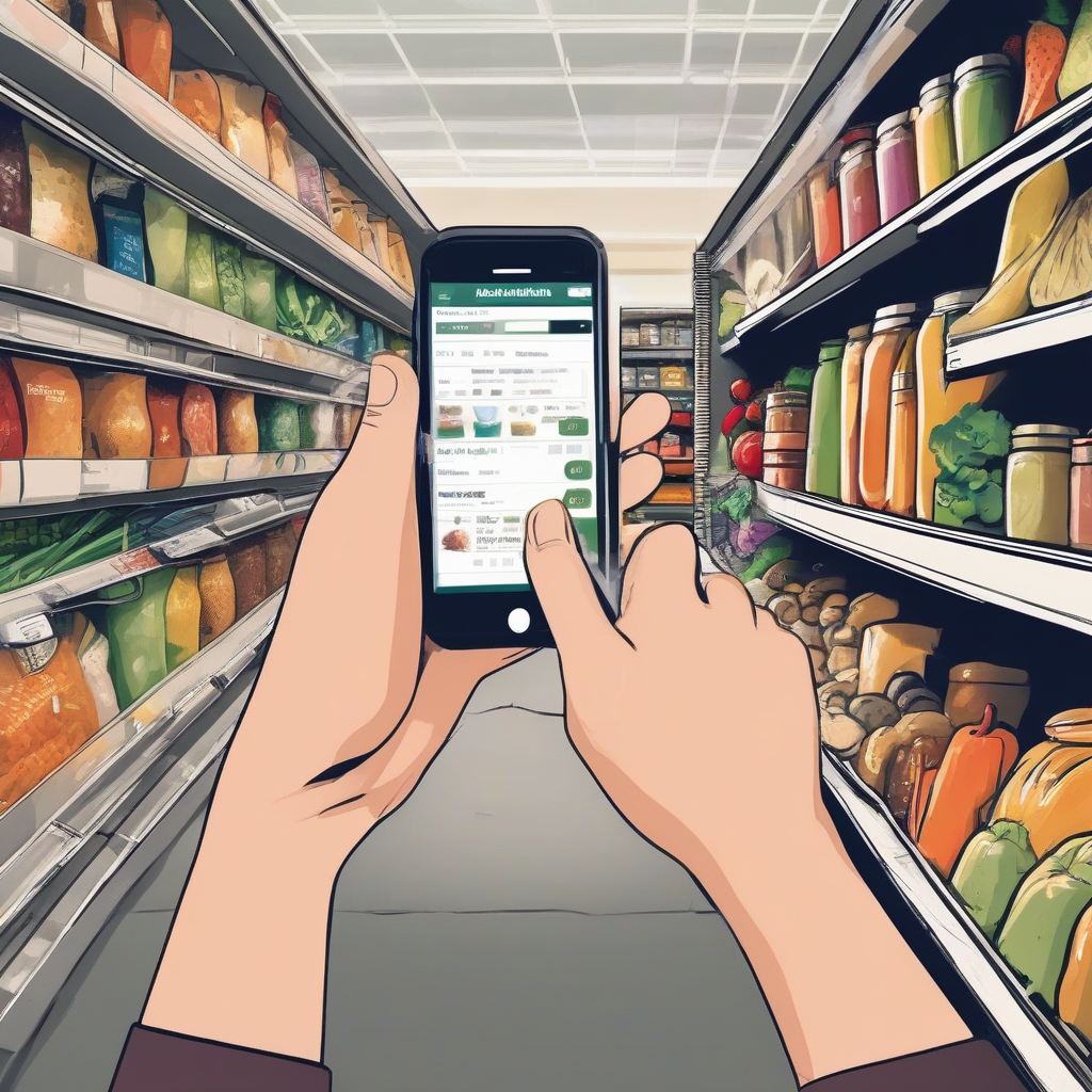 choosing ingredients while looking at smartphone in supermarket by मुफ्त एआई छवि जनरेटर - बिना लॉगिन के✨ | AIGAZOU