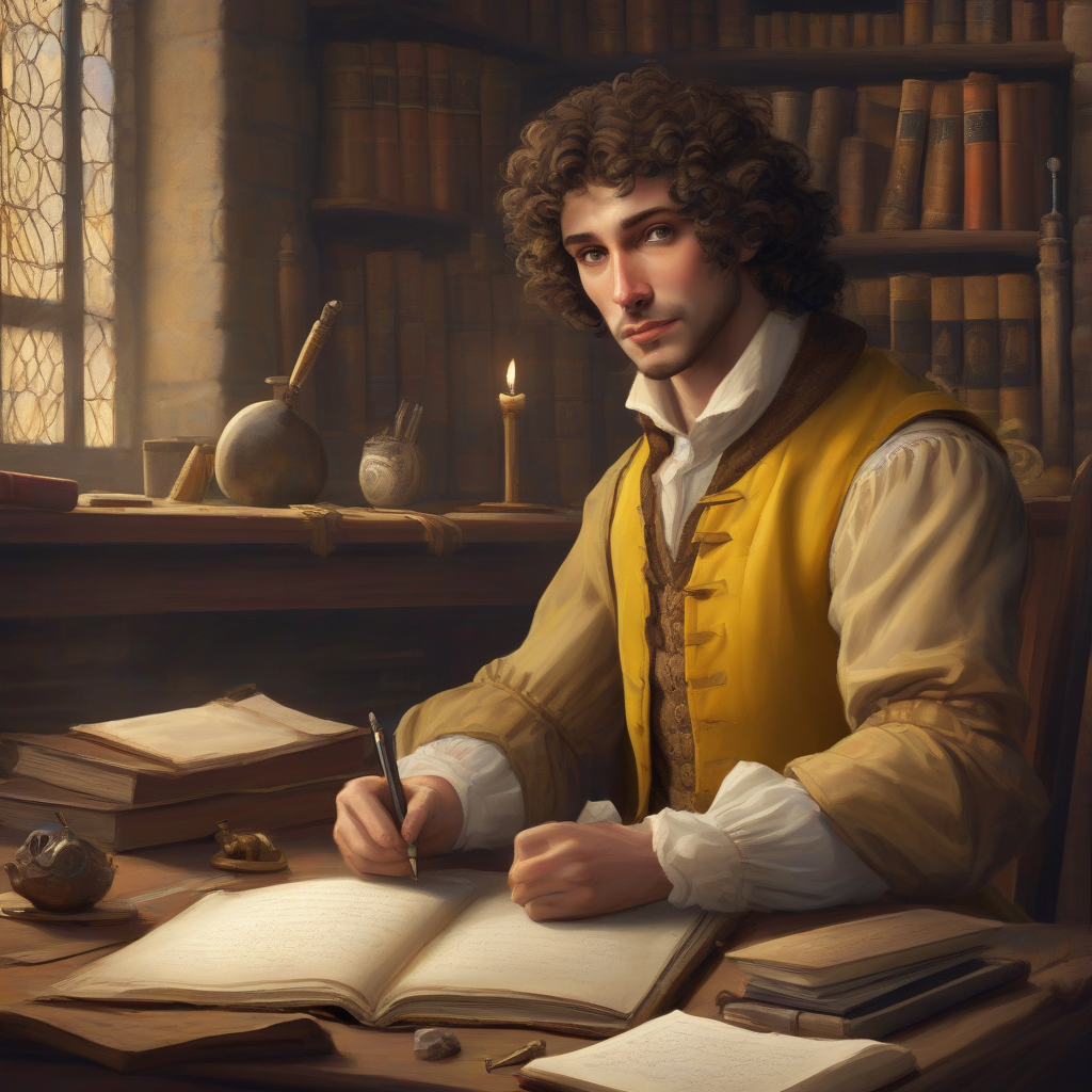 a man with brown curly hair brown eyes wearing a plain yellow brown vest in a medieval study desk writing by Générateur d'images par IA gratuit - Aucune connexion nécessaire✨ | AIGAZOU