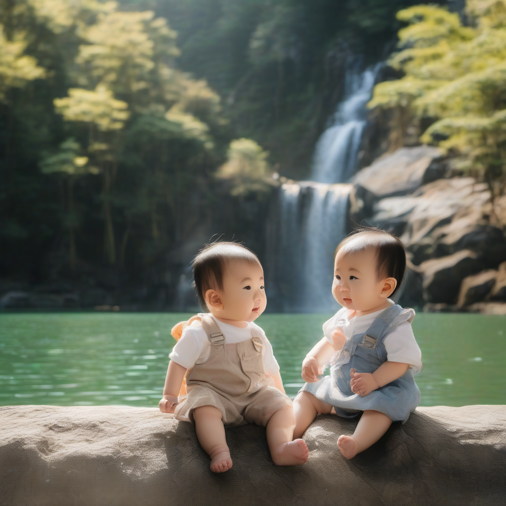 asian babies on a sunny day by a lake with a waterfall by मुफ्त एआई छवि जनरेटर - बिना लॉगिन के✨ | AIGAZOU