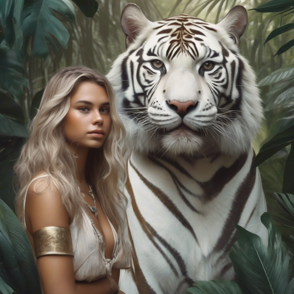 a bronzed girl with a white tiger by मुफ्त एआई छवि जनरेटर - बिना लॉगिन के✨ | AIGAZOU